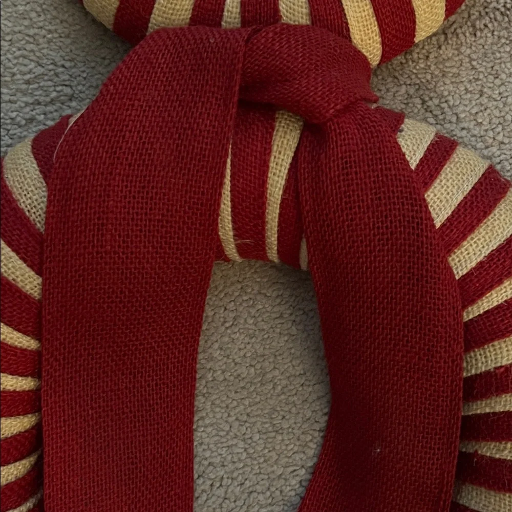 Vintage Hand crafted Festive Red and White Snowman Wreath Made with Burlap- EUC